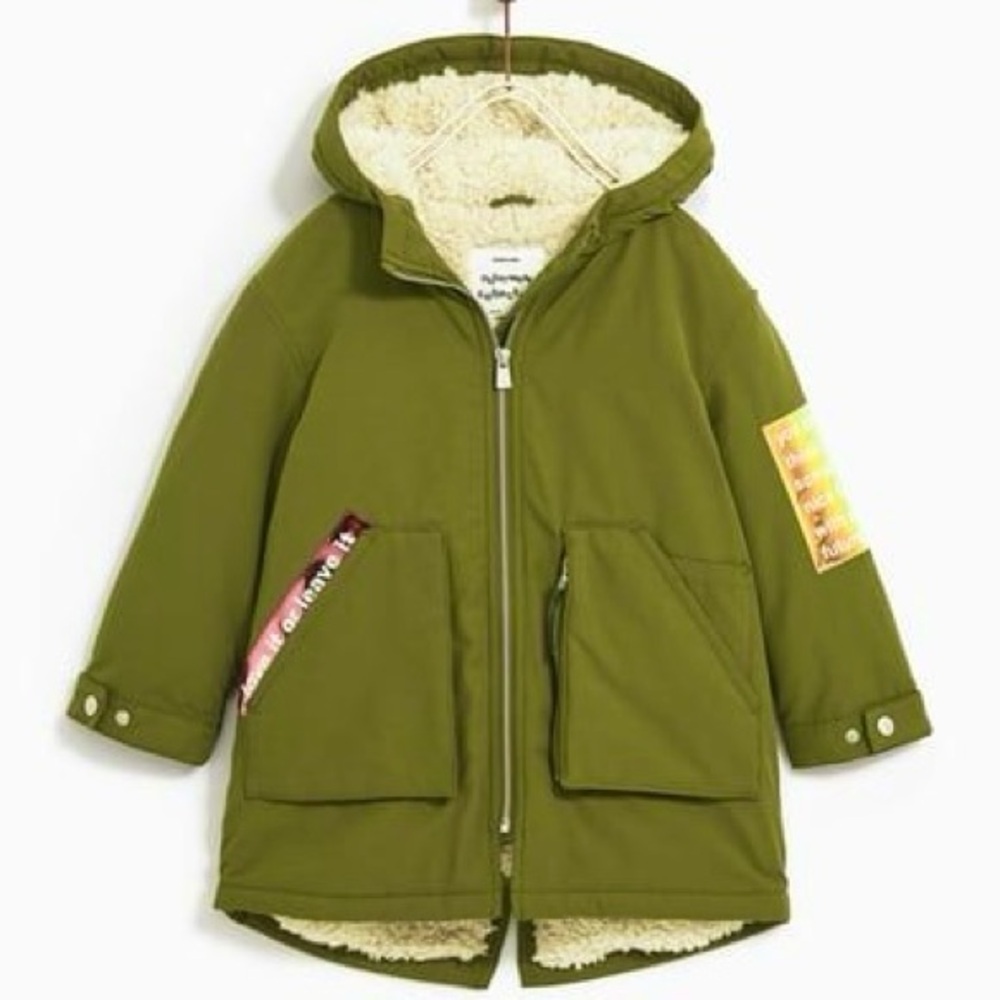 Zara Army Green Sherpa Lined Water Resistant Coat